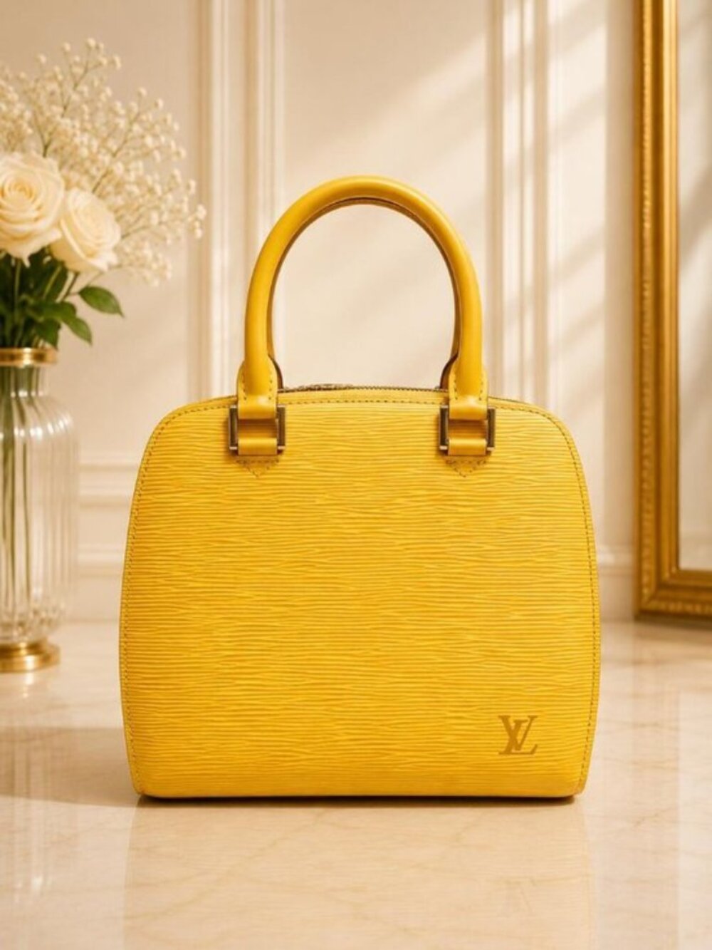 Authentic Louis Vuitton Pont Neuf Yellow Epi Leather Top Handle Handbag Satchel